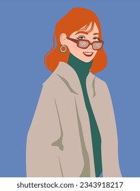 Cosy winter vector illustration with a New Year's atmosphere. Women in the background blue . The woman is wearing fashionable accessories and a hat. Stylish warm look. Sunglass. Red hair 