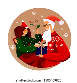 Cosy Xmas atmosphere at the Christmas Eve. Santa Claus brought a present for girl sitting on his knees. Smiling happy child holds a sharp-leaved holly. Warm celebratory bright picture greeting card