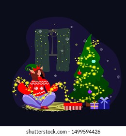 Cosy Xmas atmosphere on Christmas Eve. Happy girl alone listening to music, relaxing with her cat. Warm celebratory bright picture greeting card. Flat vector festive illustration