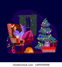 Cosy Xmas atmosphere on Christmas Eve. happy girl listening to music alone, relaxing with her cat. Warm celebratory bright picture greeting card. Flat vector festive illustration