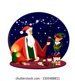 Cosy Xmas atmosphere Santa Claus and his elf prepare presents and holiday sweets for children. Pixie decorating a cupcake sprinkling it. Warm celebratory bright picture greeting card Flat illustration