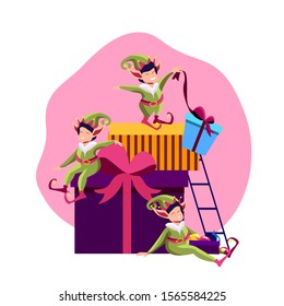 Cosy Xmas. Funny Christmas elf helping Santa Claus delivering Gifts for people to bring happiness. Warm Celebratory bright picture Greeting card. Preparing Presents and Gifts Flat Vector Illustration