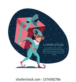 Cosy Xmas. Funny Christmas elves helping Santa Claus delivering Gifts for people to bring happiness Warm Celebratory bright picture Greeting card. Preparing Presents and Gifts Flat Vector Illustration