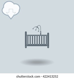 Cot for baby icon with shadow. Cloud of download with arrow.