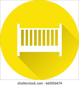 Cot baby icon. Vector. White crib on yellow background. Baby shower simple symbol of children's bed in flat design with long shadow.