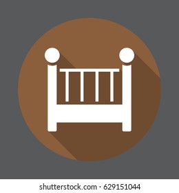 Cot, crib flat icon. Round colorful button, circular vector sign with long shadow effect. Flat style design