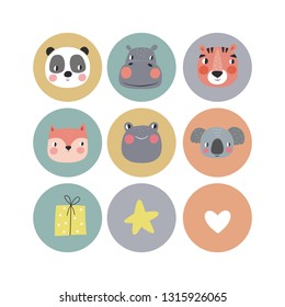 Cote Birthday stickers with animals for baby. Vector stickers for Bby Shower. Avesome vector an
imalface. Vector pint with fox, lion, hippo, panda, frog, bear,  bunny, sloth, koala