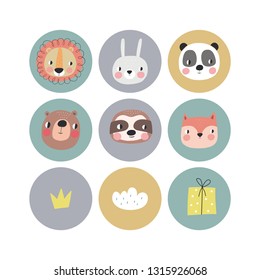 Cote Birthday stickers with animals for baby. Vector stickers for Bby Shower. Avesome vector an
imalface. Vector pint with fox, lion, hippo, panda, frog, bear,  bunny, sloth, koala