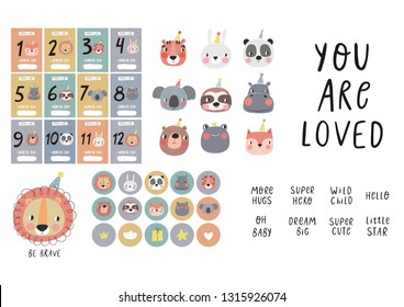 Cote Birthday stickers with animals for baby. Vector stickers for Bby Shower. Avesome vector an
imalface. Vector pint with fox, lion, hippo, panda, frog, bear,  bunny, sloth, koala