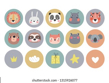 Cote Birthday stickers with animals for baby. Vector stickers for Bby Shower. Avesome vector an
imalface. Vector pint with fox, lion, hippo, panda, frog, bear,  bunny, sloth, koala