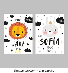 Cote Birthday stickers with animals for baby. Vector stickers for Bby Shower. Avesome vector an
imalface. Vector pint with fox, lion, hippo, panda, frog, bear,  bunny, sloth, koala