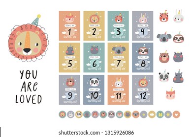 Cote Birthday stickers with animals for baby. Vector stickers for Bby Shower. Avesome vector an
imalface. Vector pint with fox, lion, hippo, panda, frog, bear,  bunny, sloth, koala