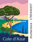 Cote d Azur of France Travel poster retro old city Mediterranean sea vacation Europe. Holiday summer voyage seaside sunset. Vintage style vector illustration