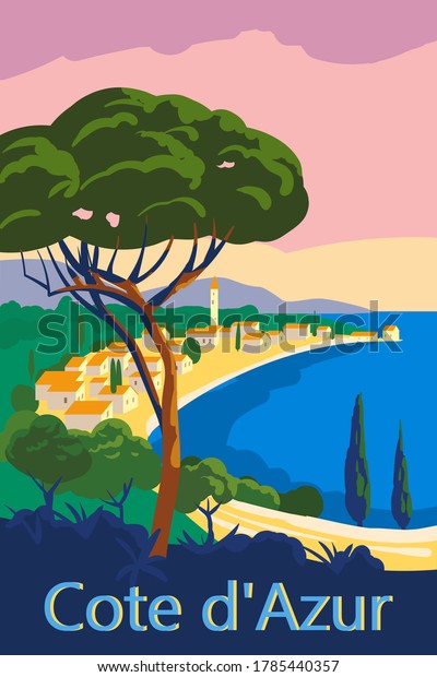 Cote d Azur of France Travel\
poster retro old city Mediterranean sea vacation Europe. Holiday\
summer voyage seaside sunset. Vintage style vector\
illustration