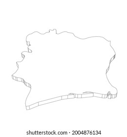 Cote d Ivoire - 3D black thin outline silhouette map of country area. Simple flat vector illustration