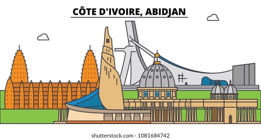 Cote D ivoire, Abidjan. City skyline, architecture, buildings, streets, silhouette, landscape, panorama, landmarks. Editable strokes. Flat design line vector illustration concept. Isolated icons