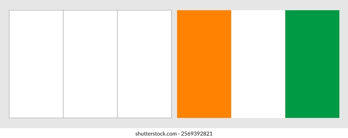 Cote d Ivoire flag - coloring page. Set of white wireframe thin black outline flag and original colored flag.