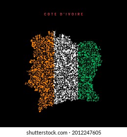 Mapa de la bandera de Costa de Marfil, patrón de partículas caóticas en los colores de la bandera de Costa de Marfil. Ilustración vectorial aislada en el fondo negro.