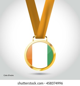 Cote d Ivoire / Ivory Coast Flag in gold Medal. Vector Illustration. RIO Olympic Game Bronze Medal. Vector Illustration