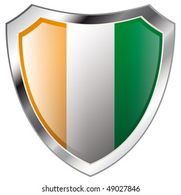 Cote d I voire flag on metal shiny shield vector illustration. Collection of flags on shield against white background. Abstract isolated object.
