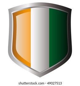 Cote d I voire vector illustration flag on metal shiny shield. Collection of flags on shield against white background. Isolated object.