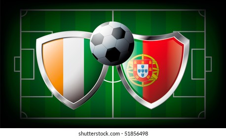 Cote d I voire versus Portugal abstract vector illustration isolated on white background. Soccer match in South Africa 2010. Shiny football shield of flag Cote d I voire versus Portugal