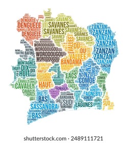 Cote d#39;Ivoire region word cloud. Country shape design. Cote d#39;Ivoire colored illustration. Region names collage cloud. Vector illustration.