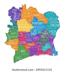 Cote d#39;Ivoire shape. Country word cloud with region division. Cote d#39;Ivoire colored illustration. Region names cloud. Vector illustration.