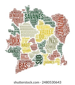 Cote d#39;Ivoire Word Cloud. Country shape with region division. Cote d#39;Ivoire typography style image. Region names tag clouds. Vector illustration.