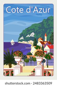 Póster de la Costa Azul de la Costa Azul vintage. Resort, costa, mar, playa. Vector de ilustración de estilo retro