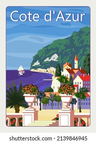 Cote de l'azur French Riviera coast poster vintage. Resort, coast, sea, beach. Retro style illustration vector