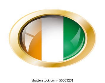 Cote d'I voire shiny button flag with golden ring vector illustration. Isolated abstract object against white background.