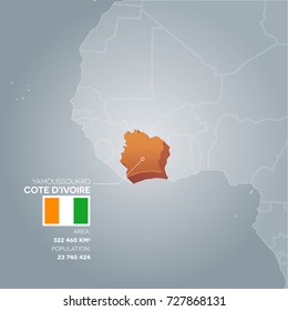Cote dIvoire 3d map with information of area and population of the country.