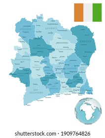 Cote d'Ivoire administrative blue-green map with country flag and location on a globe. Vector illustration