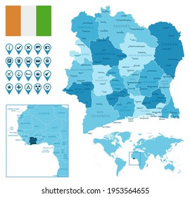 Cote dIvoire detailed administrative blue map with country flag and location on the world map.