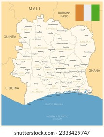 Cote dIvoire - detailed map with administrative divisions and country flag. Vector illustration