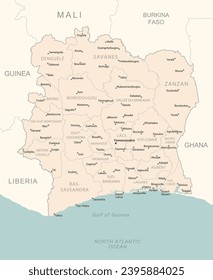 Cote dIvoire - detailed map with administrative divisions country. Ivory Coast map. Vector illustration