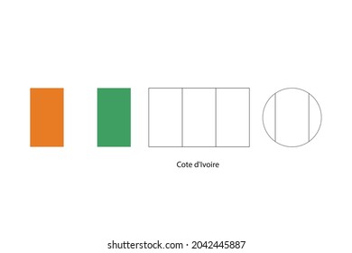 Cote d'Ivoire flag 3 versions, Vector illustration, Thin black line of rectangle and the circle on white background.