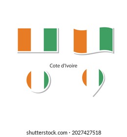 Cote d'Ivoire flag logo icon set, rectangle flat icons, circular shape, marker with flags.