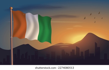 Cote D'Ivoire flag with mountains and morning sun in the background