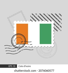 Cote d'ivoire flag postage stamp. Isolated vector illustration on grey post stamp background and specify is vector eps10.