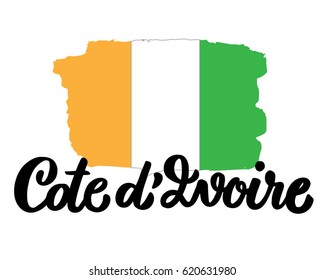 Cote d'Ivoire hand drawn ink brush lettering with the national flag of the country. Calligraphy word "Cote d'Ivoire". Cote d'Ivoire national symbol