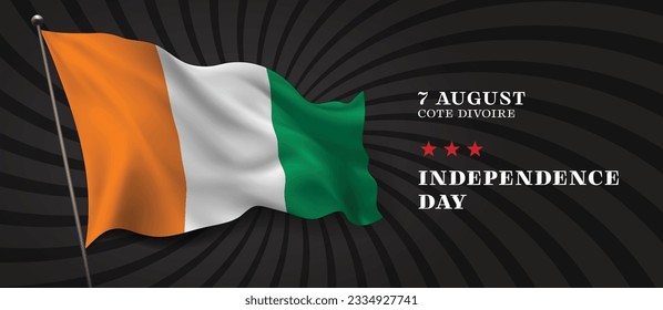 Cote Divoire independence day vector banner, greeting card. Ivory Coast wavy flag in 7th of August national patriotic holiday horizontal design
