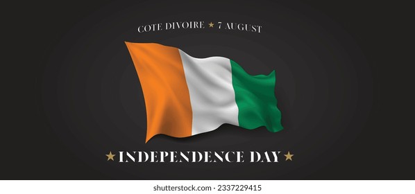 Cartel vectorial del Día de la Independencia de Cote Divoire, tarjeta de saludo. Bandera ondulada de Costa de Marfil en 7 de agosto patriótico diseño horizontal con bandera realista