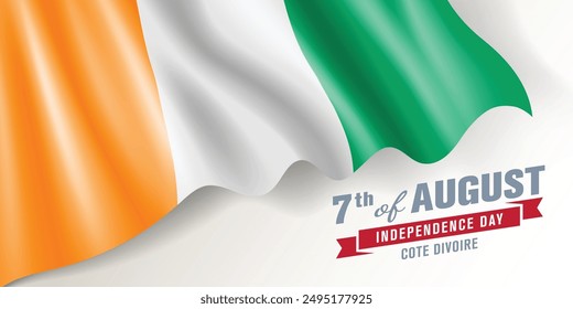 Cote Divoire independence day vector banner, greeting card. Ivory coast wavy flag in 7th of August national patriotic holiday horizontal design
