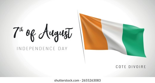 Cote Divoire Anuncio de Vector del día de la independencia, tarjeta de felicitación. Bandera ondulada de Costa de Marfil en diseño Horizontal patriótico de la fiesta del 7 de agosto con la bandera realista