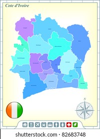 Cote D'ivoire Map with Flag Buttons and Assistance & Activates Icons Original Illustration