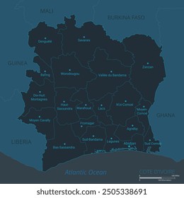 Cote d'Ivoire map. High detailed map of Cote d'Ivoire with countries, borders, cities, water objects. Vector illustration eps10