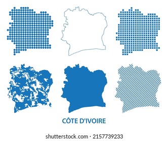 Cote d'Ivoire - map of Republic of the Ivory Coast in West Africa - vector set of silhouettes in different patterns