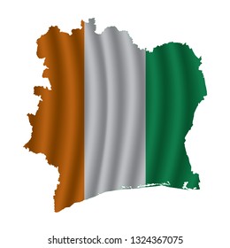 Cote d'Ivoire map with rippled flag on white illustration. Waving Fabric Flag Map of Cote d'Ivoire. Map of Africa. Vector White Background. Vector illustration eps10.